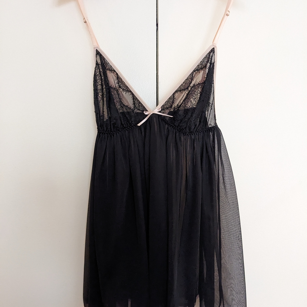 Victoria's Secret Black and Pink Lace Chemise Top